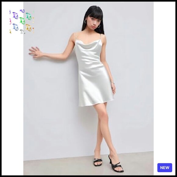 Satin Cowl Neck Cami Mini Dress Elegant Wedding Guest Cocktail - Picture 3 of 8